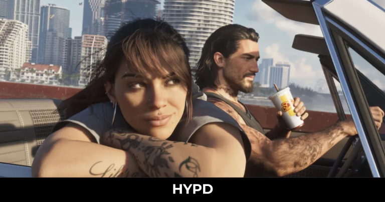 GTA 6 protagonists Jason and Lucia driving through Vice City in an open-top car, showcasing Rockstar Games' detailed open world and expansive Leonida map.