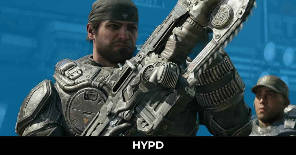 Marcus Fenix in heavy COG armour holding his Lancer rifle, with Dom Santiago in the background, in a Gears of War: E-Day promotional image featuring HYPD branding.