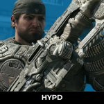 Marcus Fenix in heavy COG armour holding his Lancer rifle, with Dom Santiago in the background, in a Gears of War: E-Day promotional image featuring HYPD branding.