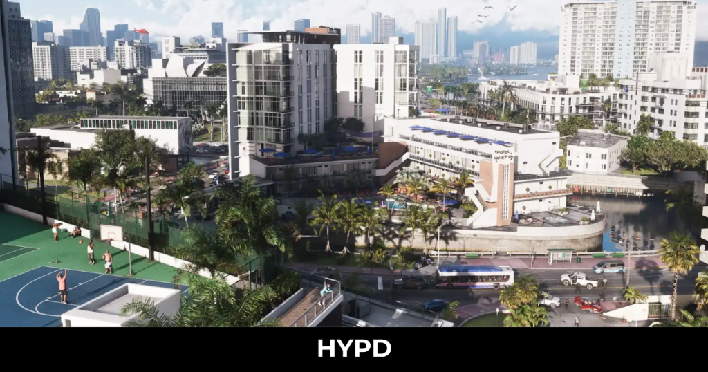 GTA 6 screenshot showcasing Vice City's Miami-inspired skyline, palm-lined streets, waterfront hotels and basketball courts in Rockstar's fictional state of Leonida.
