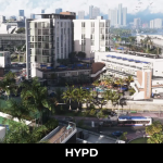 GTA 6 screenshot showcasing Vice City's Miami-inspired skyline, palm-lined streets, waterfront hotels and basketball courts in Rockstar's fictional state of Leonida.