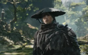 Phantom Blade Zero gameplay image showing an armoured warrior in a forest as players face a 300GB pre-load storage requirement.