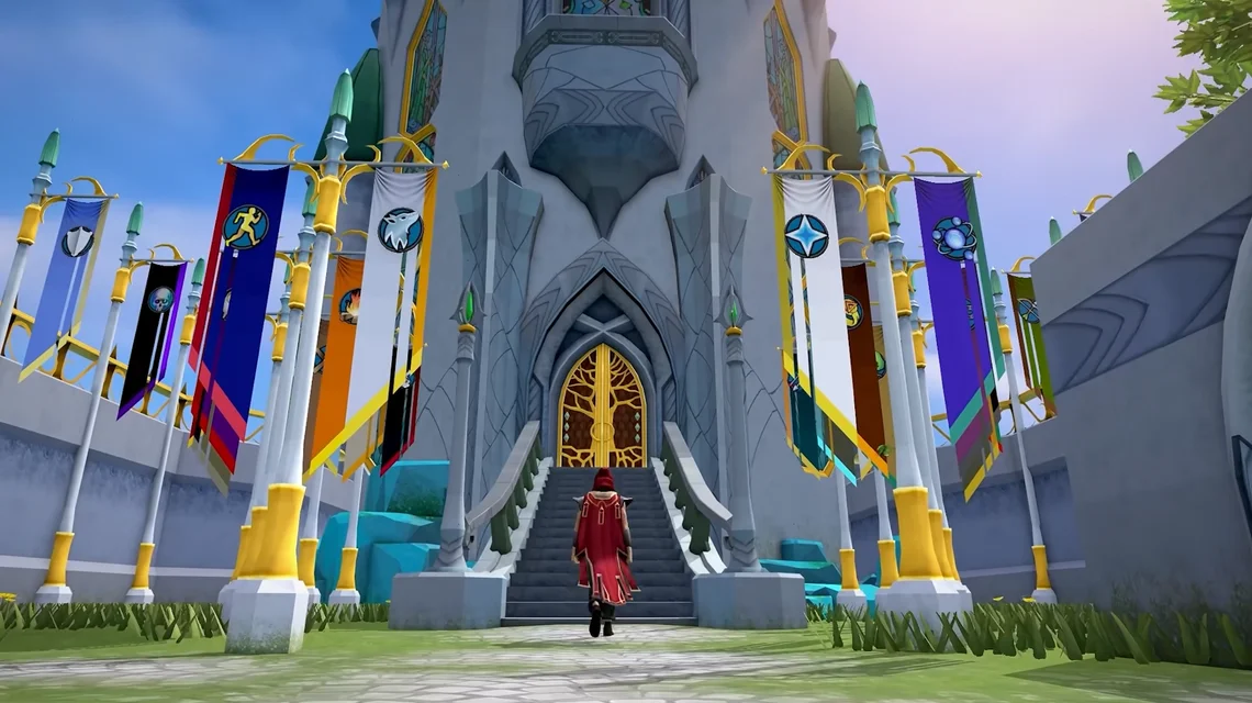 RuneScape Reignited character approaching a castle as the game prepares to launch on 2 December