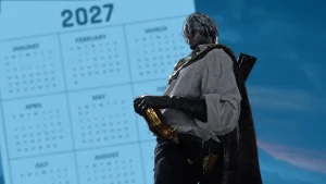 Character from FromSoftware's The Duskbloods standing in front of a 2027 calendar, highlighting the Nintendo Switch 2 game's reported delay.