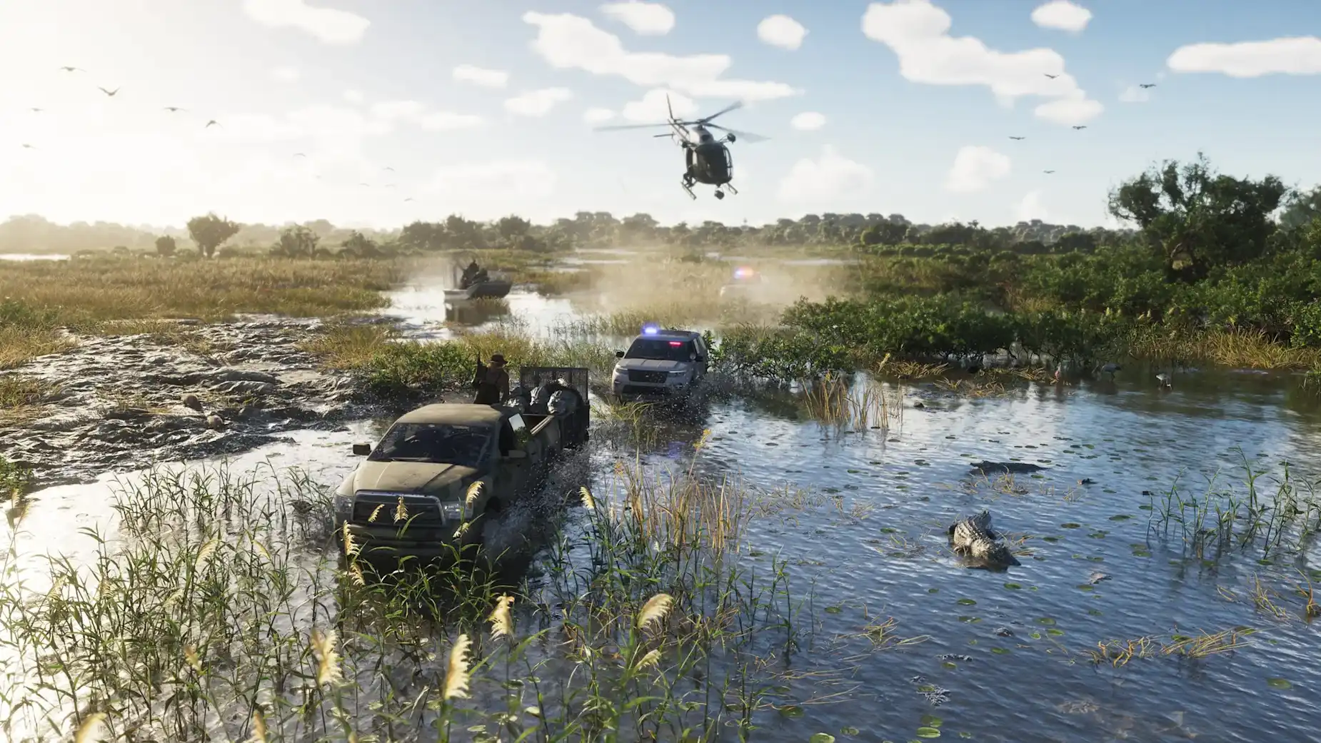 GTA 6 screenshot showing a police chase through the flooded Grassrivers swamps, featuring off-road vehicles, a helicopter, airboats and an alligator in Leonida's wetlands.