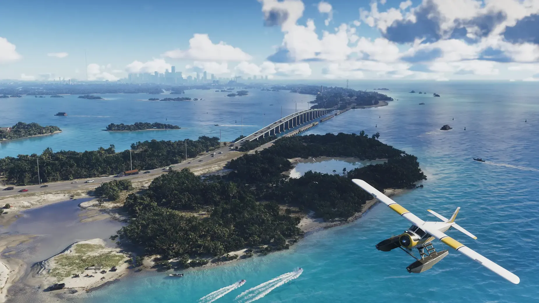 GTA 6 screenshot showing a seaplane flying over the turquoise waters of Leonida Keys, with tropical islands, a long coastal bridge and Vice City's skyline in the distance.