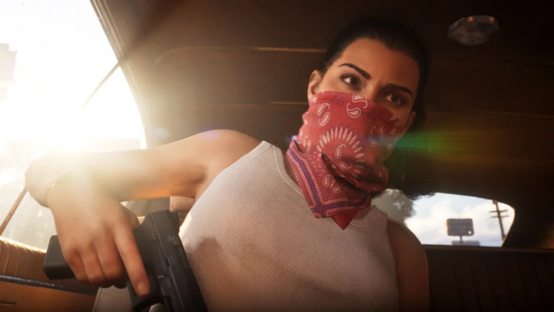 Lucia wearing a red bandana over her face while holding a firearm inside a vehicle in Grand Theft Auto 6.