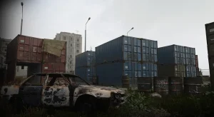 Call of Duty Modern Warfare 4 Shipment multiplayer map featuring shipping containers and an abandoned car.