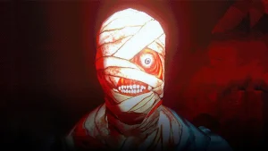 Disturbing bandaged character with an exposed eye and teeth from psychological horror game Mouthwashing, now available on consoles and Xbox Game Pass.