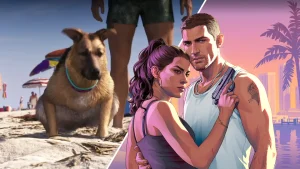 Split image featuring a dog on a beach alongside GTA 6 protagonists Jason and Lucia, highlighting the game's appearance in South Park.