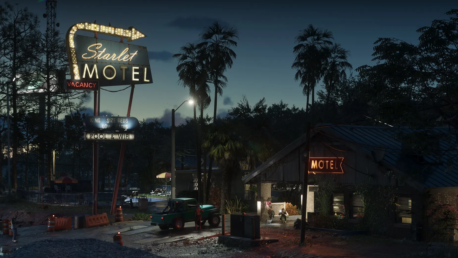 GTA 6 screenshot showing the Starlet Motel in Port Gellhorn at dusk, featuring glowing neon signs, palm trees, a parked pickup truck and a roadside motel.